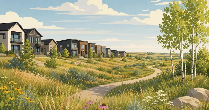 Illustrated view of Aspen Ridge, Saskatoon — new homes along the kīwētin Greenway and prairie swale