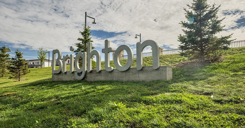 Large Brighton sign on a grassy hill in Saskatoon, with homes and evergreen trees nearby