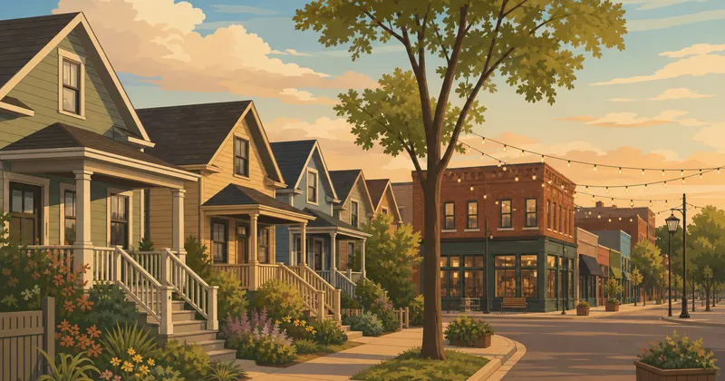 Illustrated view of Riversdale, Saskatoon — historic small-lot homes near the 20th Street district
