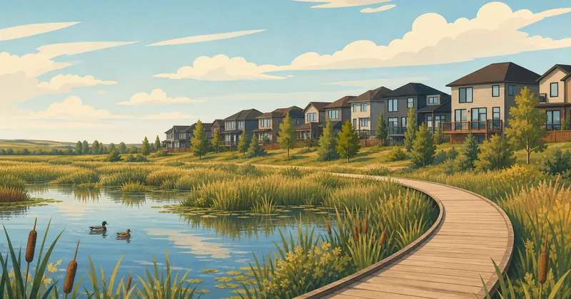 Illustrated scene of Rosewood, Saskatoon — homes bordering the Hyde Park wetland trails