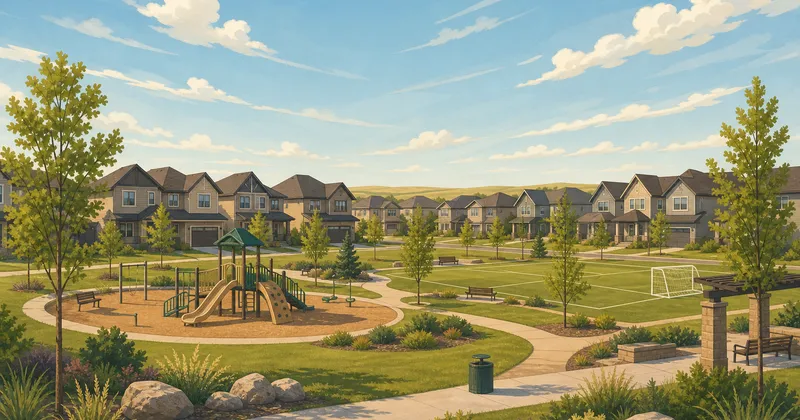 Illustrated streetscape of Willowgrove, Saskatoon — family homes around Willowgrove Square