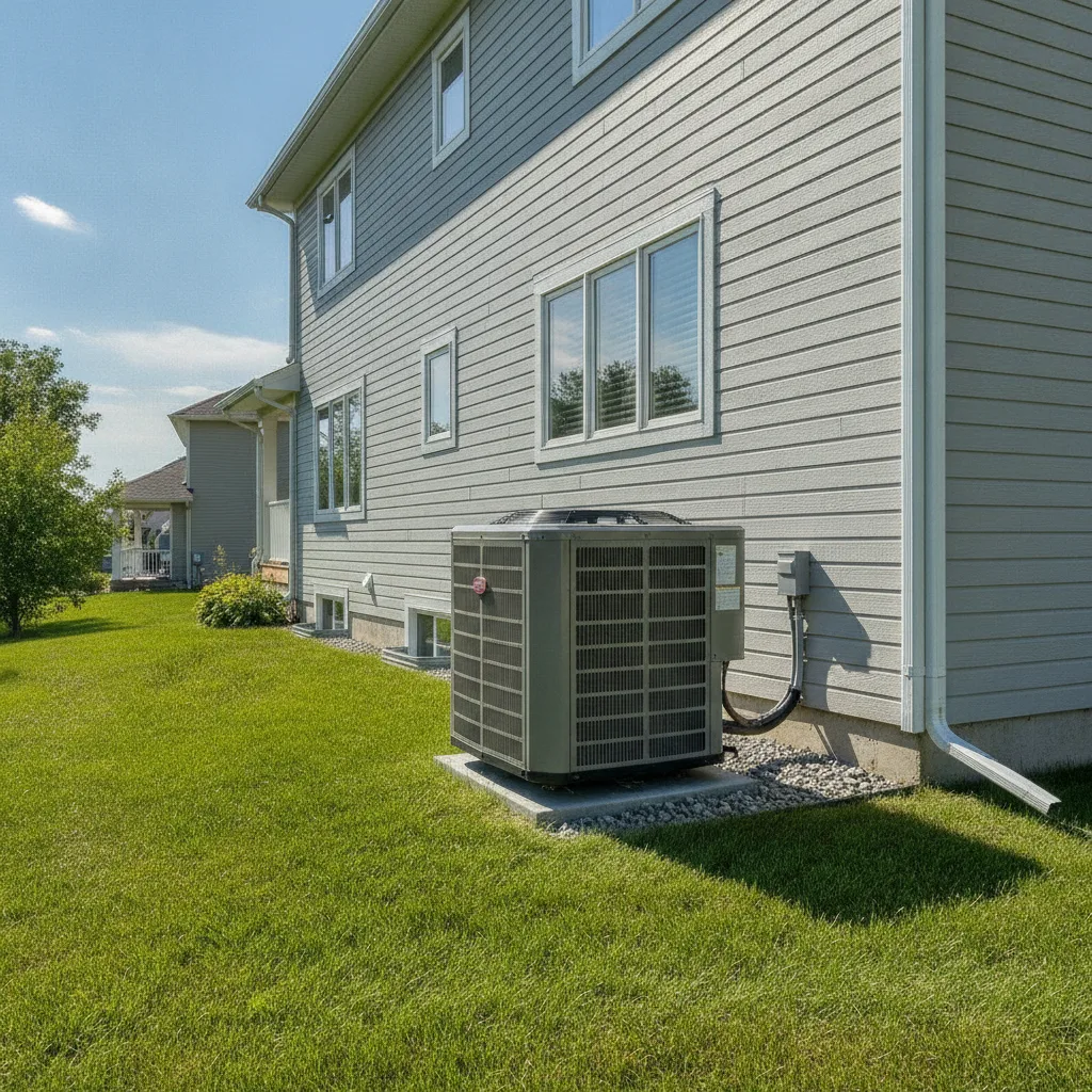 Central air conditioner condenser unit beside a Saskatoon home on a summer day