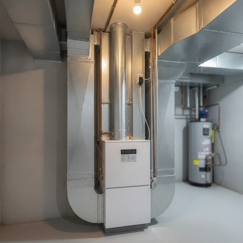 High-efficiency natural gas furnace installed in a clean Saskatoon basement mechanical room
