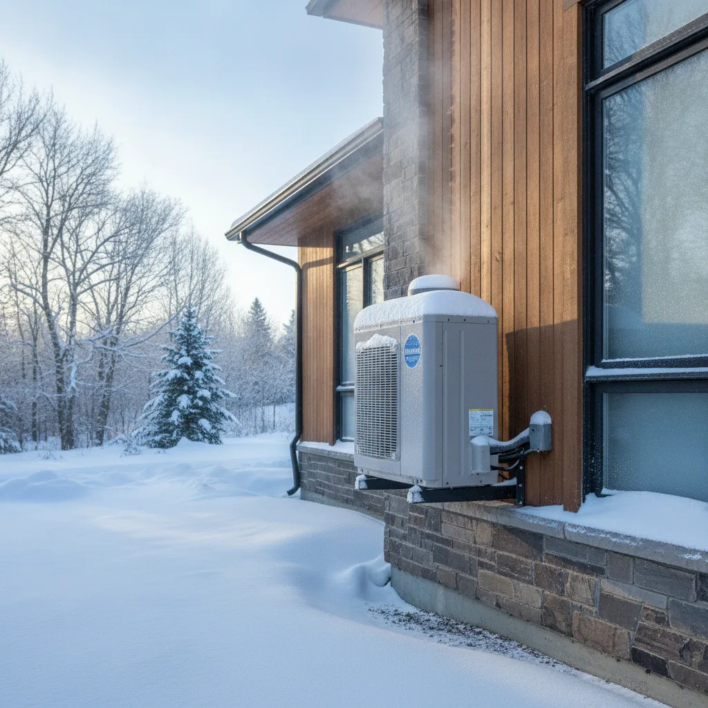 Cold-climate heat pump outdoor unit mounted on a Saskatchewan home in winter