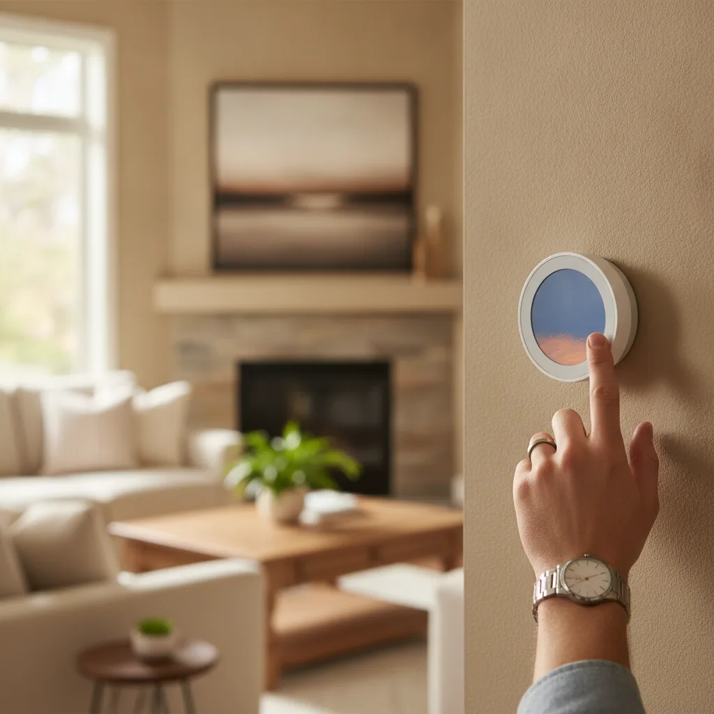 Homeowner adjusting a smart thermostat in a bright living room