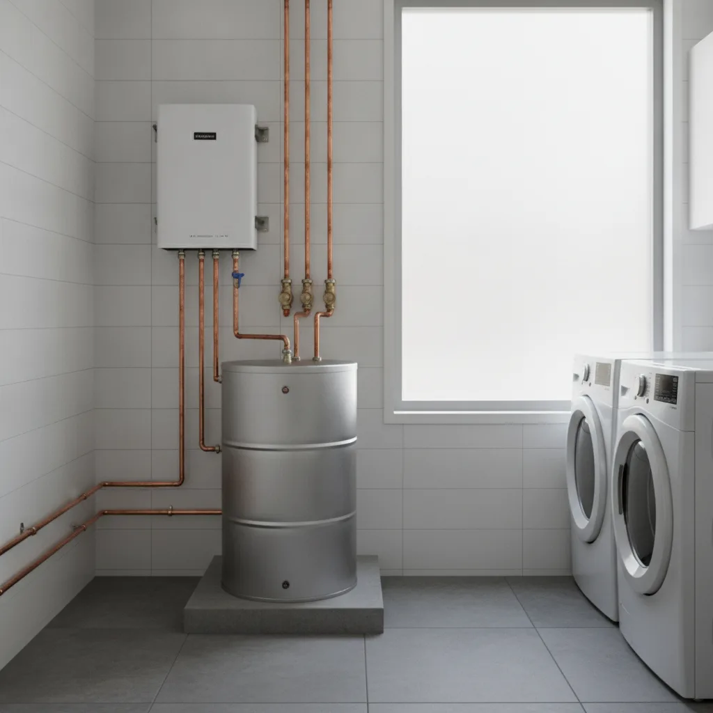 Tankless and tank water heaters in a clean residential utility room