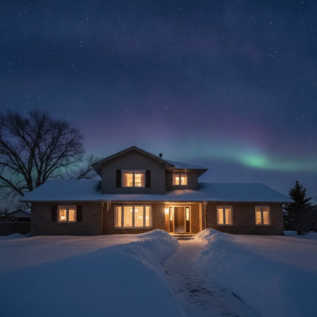 Saskatoon home with warm glowing windows on a deep-freeze winter evening