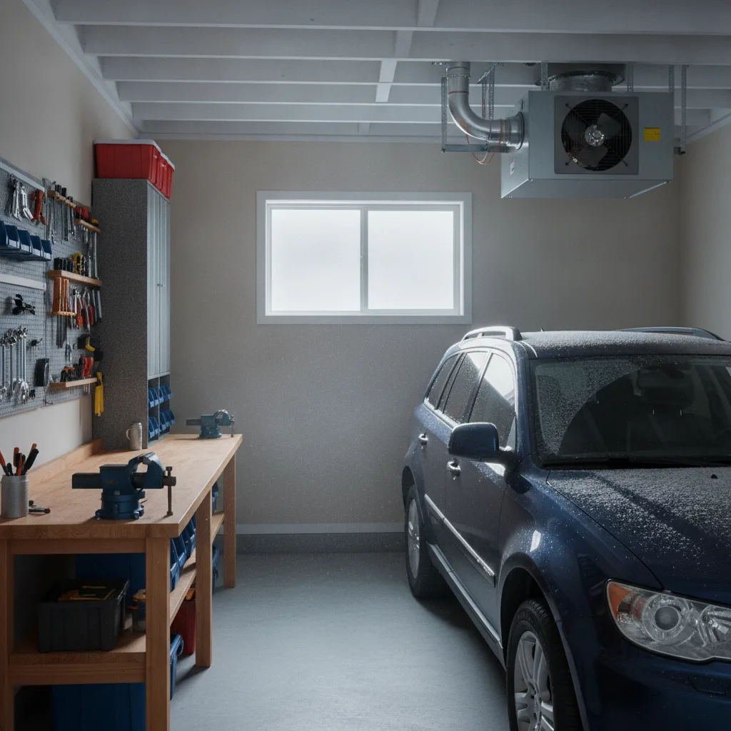Gas-fired unit heater mounted near the ceiling of a heated residential garage in winter